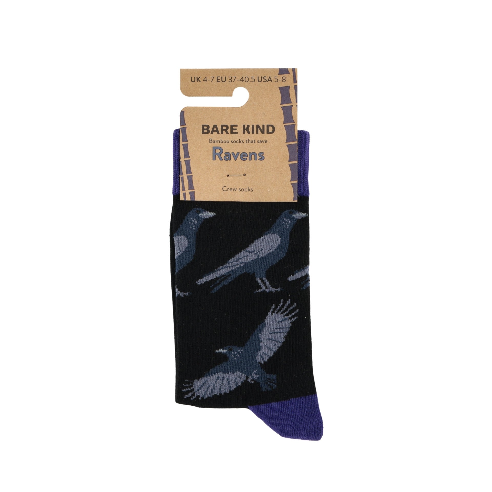 Black socks with raven design and 'Bare Kind' packaging on a white background