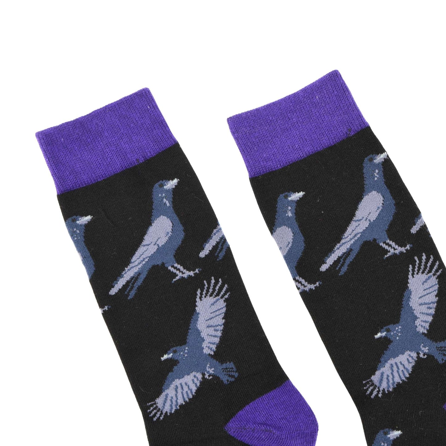 Black socks with blue raven patterns and purple accents on a white background