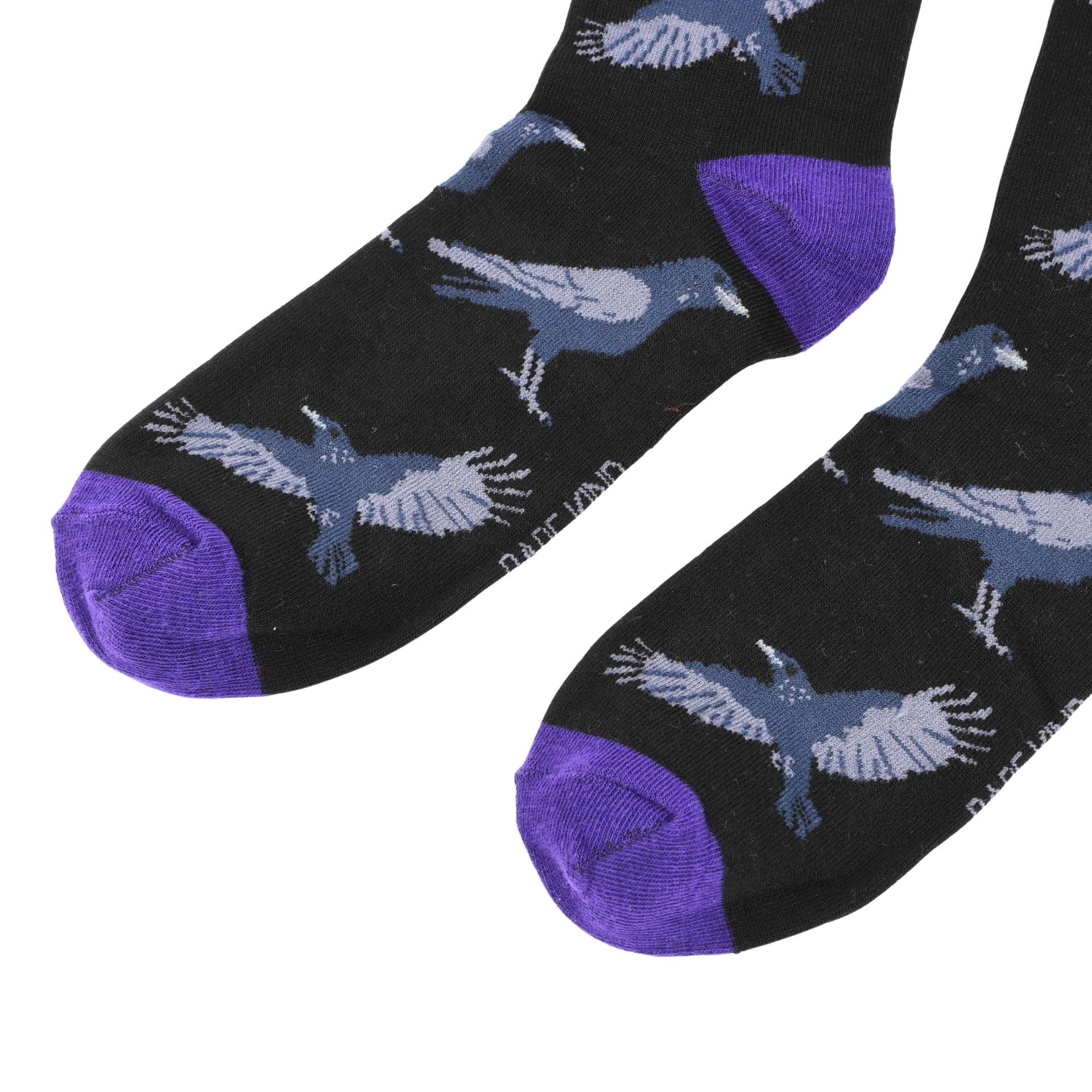 Black socks with blue raven patterns and purple accents on a white background