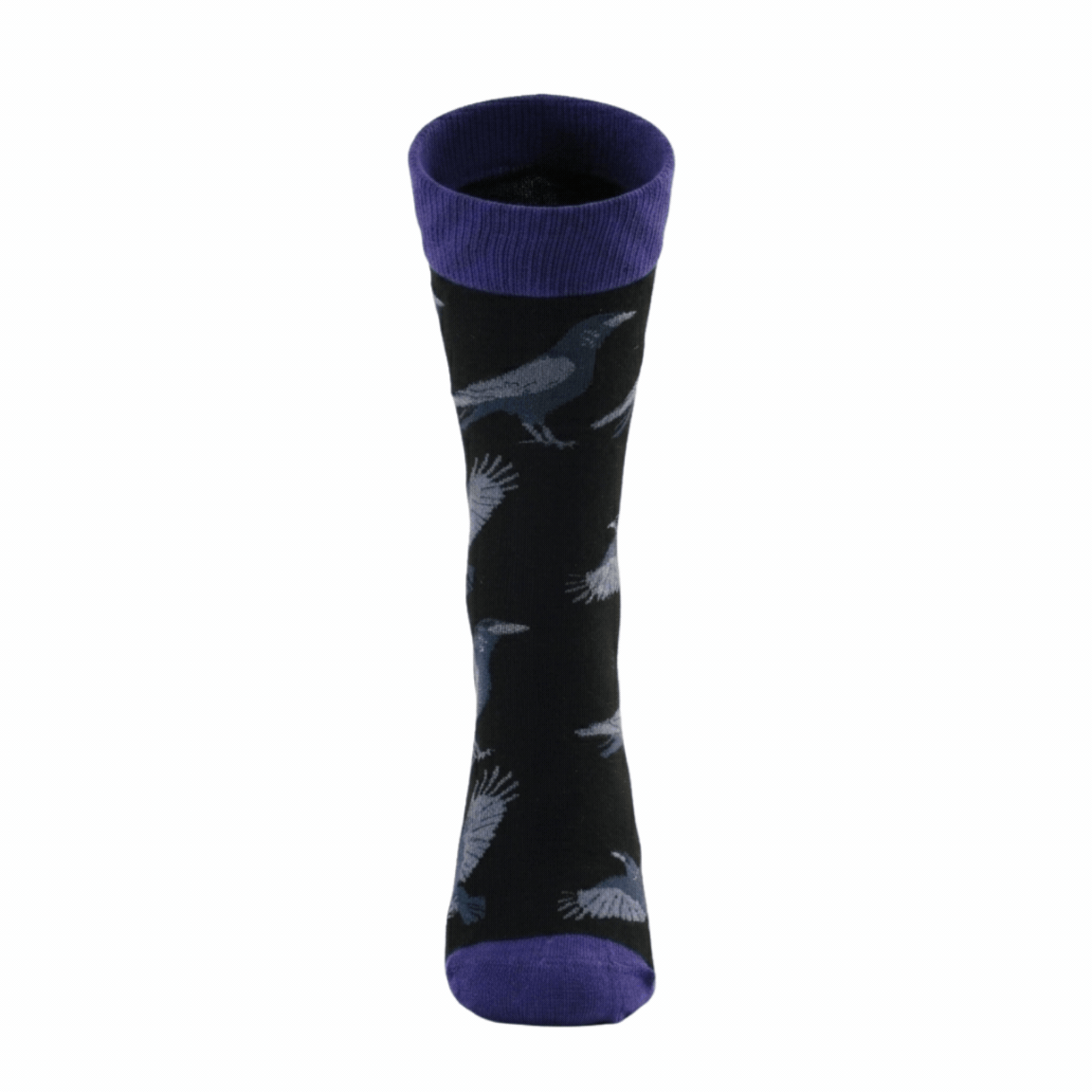 Black socks with blue raven patterns and purple accents on a white background