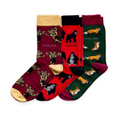 Red Lover 3 Bamboo Sock Set featuring red giraffe, gorilla, and fox socks made from breathable bamboo fabric supporting wildlife conservation