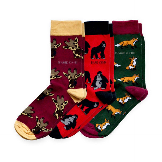 flat lays of green Giraffe, Gorilla & Fox bamboo socks