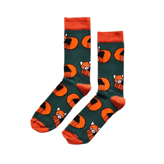flat lay of dark green bamboo socks with woven red panda design