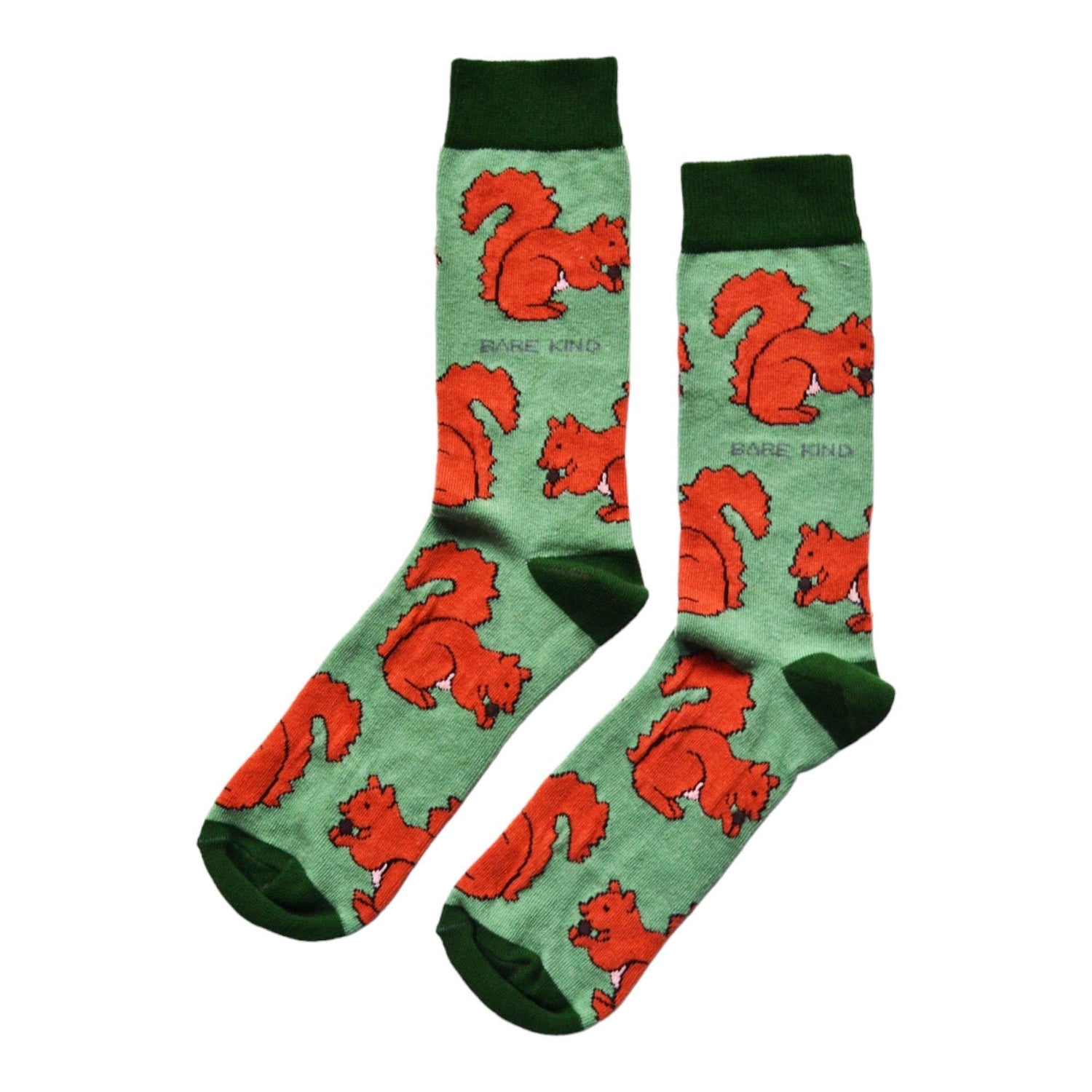 Green bamboo fiber Red Squirrels Socks with animated red squirrel design, donating 10% to wildlife trust