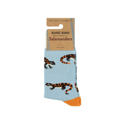 Light blue sock with salamander design and 'Bare Kind' packaging on a white background