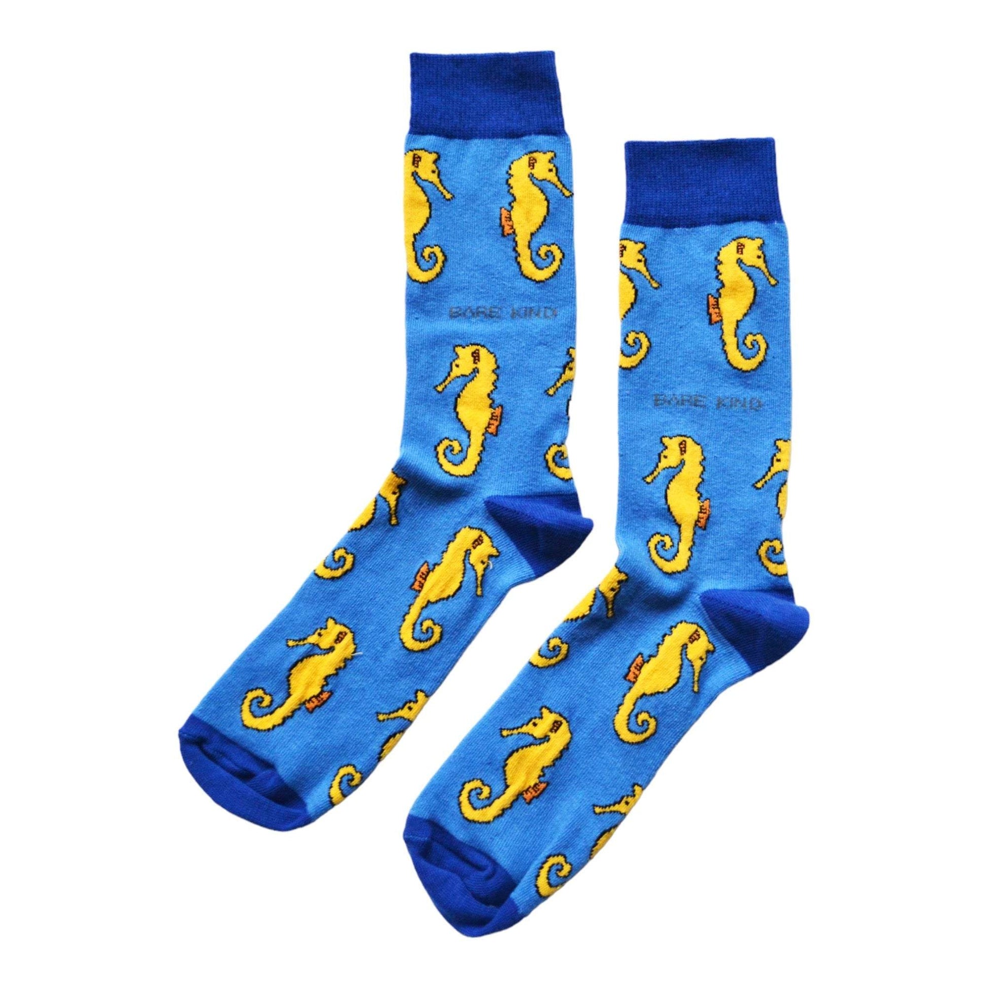 Blue Save the Seahorses bamboo socks with animated seahorse pattern, comfortable and durable