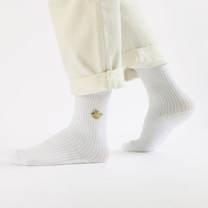 Model wearing white sloth ribbed bamboo socks