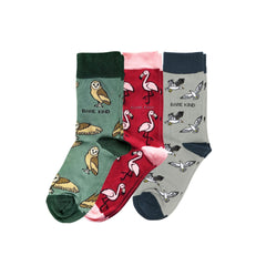 Three pairs of bamboo socks with Green Barn Owl, Pink Flamingo, and Grey Seagull designs from the Flying Friends Bundle