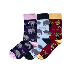 Mega Animals Bundle of three bamboo animal socks featuring purple elephant, blue hippo, and red giraffe designs