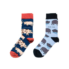 Muddy Buddies Bundle of 2 bamboo socks featuring blue pig and hippo designs for comfort and animal charity support