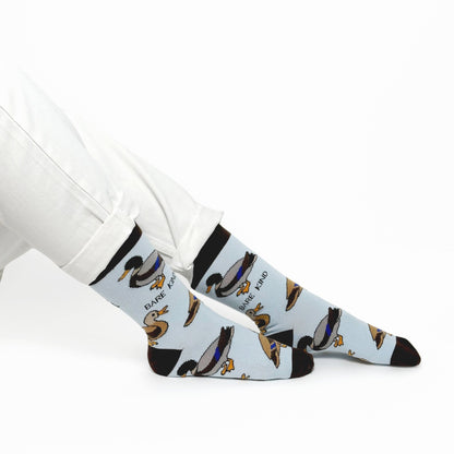 model wearing blue duck bamboo socks