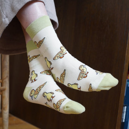 model wearing ducklings bamboo socks