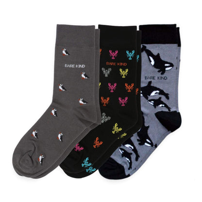 Midnight Classic 3 Bamboo Sock Set featuring black slow loris, grey orca, and black lobster bamboo socks