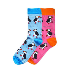 Puffin Couple 2 Pack bamboo socks set with pink and blue puffin designs for couples