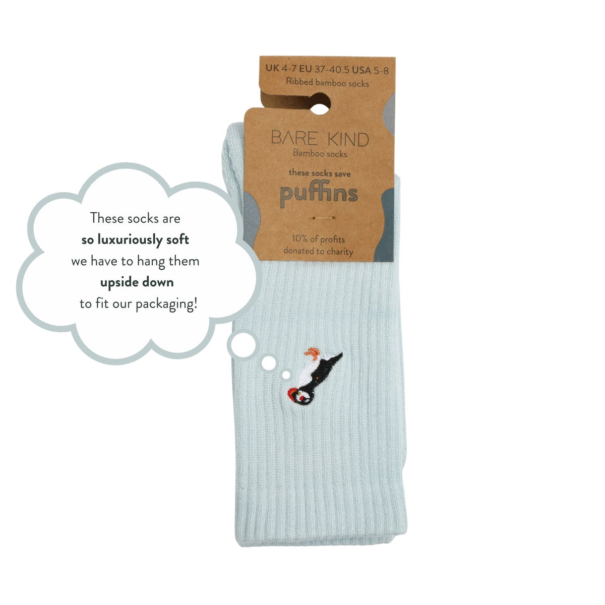 flat lays of blue puffin ribbed bamboo socks