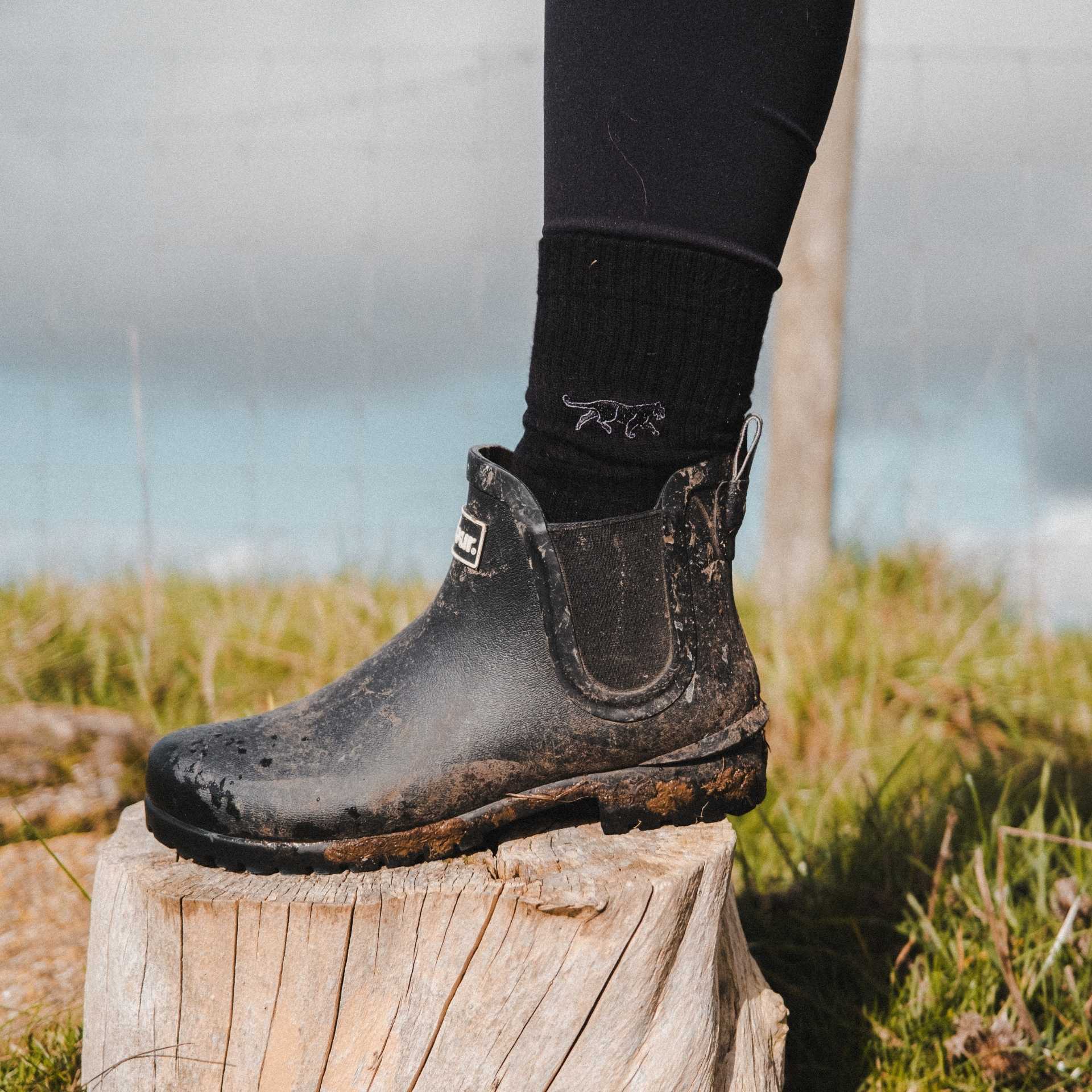 Model wearing black panther ribbed socks 