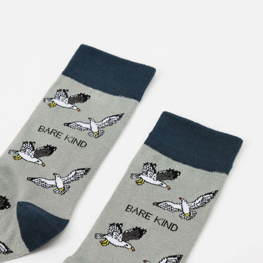 Grey Save the Seagull Bamboo Socks with animated seagull design, soft plush bamboo fiber