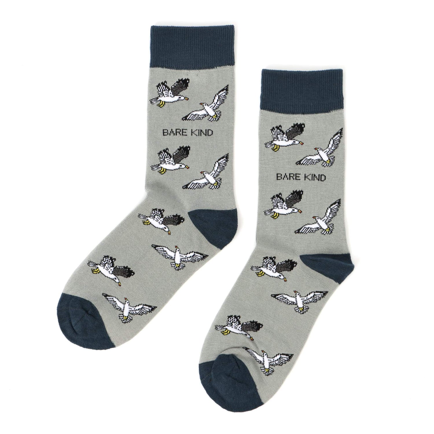 Grey bamboo socks with animated seagull design, supporting Scottish Seabird Centre conservation efforts
