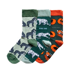 Snowy Mountain 3 Pack bamboo socks with wolf, snow leopard, and red panda designs for cozy winter wear