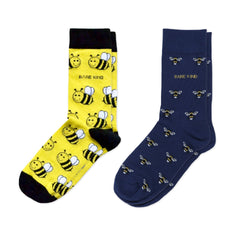 Two colorful bee-themed bamboo socks in a 2 pack set promoting pollinator protection
