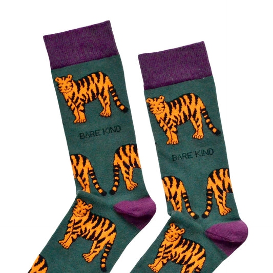 Soft green bamboo socks with animated tiger design and Save the Tigers Bamboo Socks branding