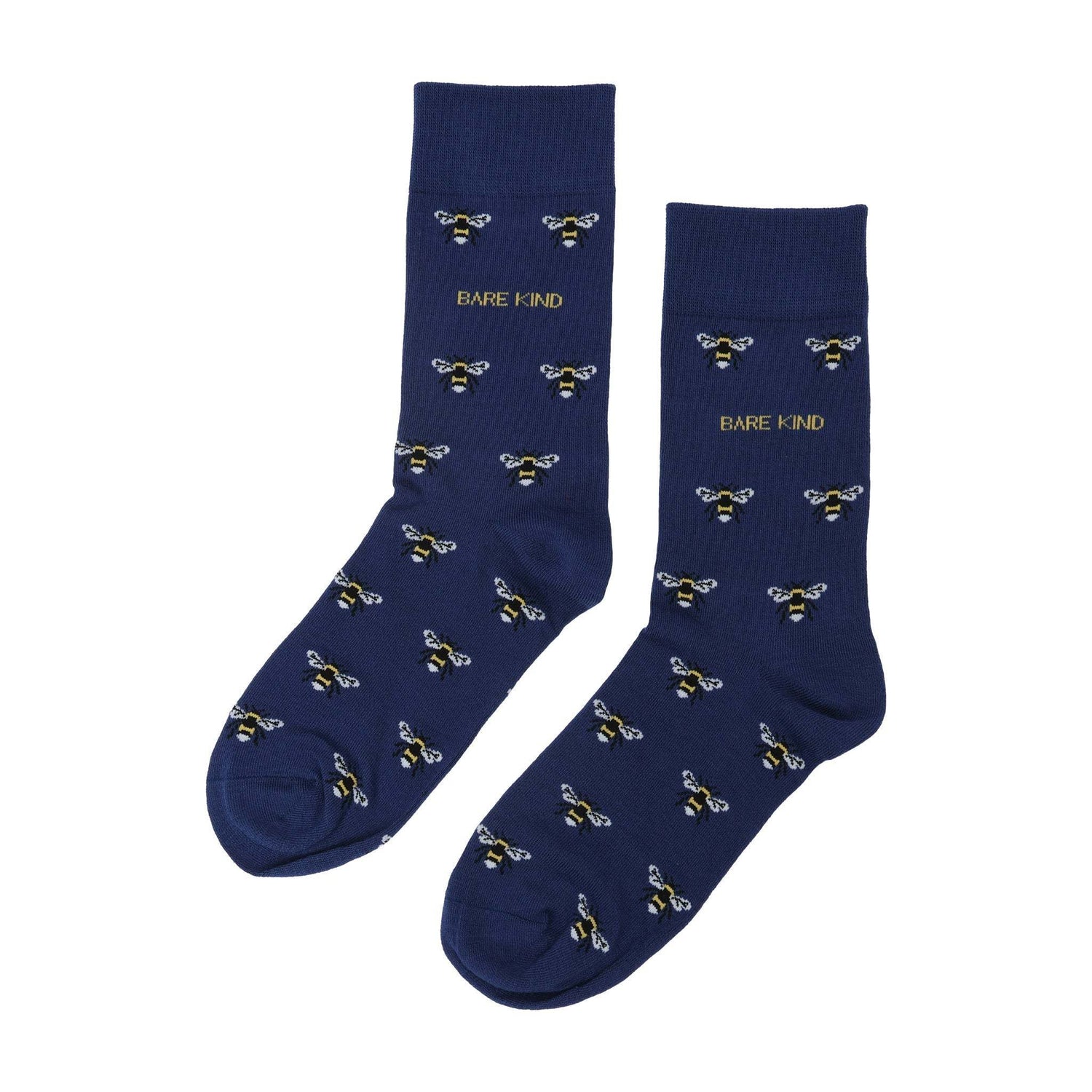 Navy blue bamboo socks with small bee motifs supporting Save the Bee initiative