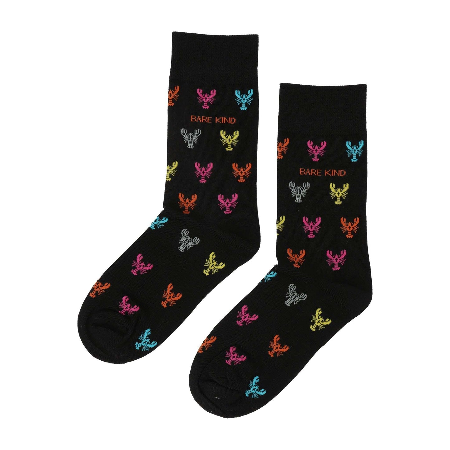 Black bamboo socks with small colorful lobster motifs, supporting Save the Lobster campaign