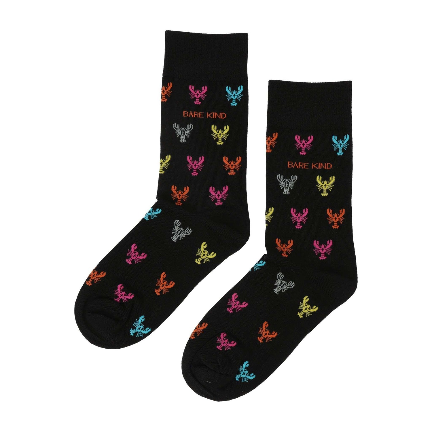 Black bamboo socks with small colorful lobster motifs, supporting Save the Lobster campaign